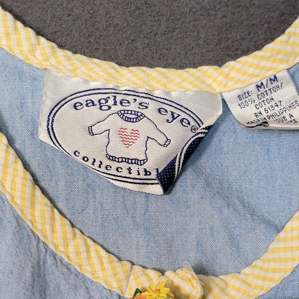Vintage Eagle's Eye Blue Chambray Dress Yellow Gingham Trim Novelty Button Med - Picture 2 of 6